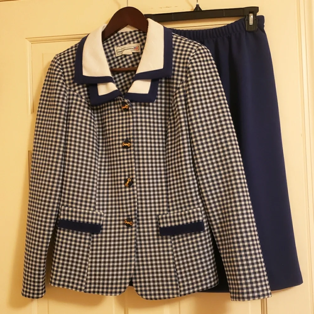 Pablo Collection navy blue and white skirt jacket set, 10 - Picture 1 of 10